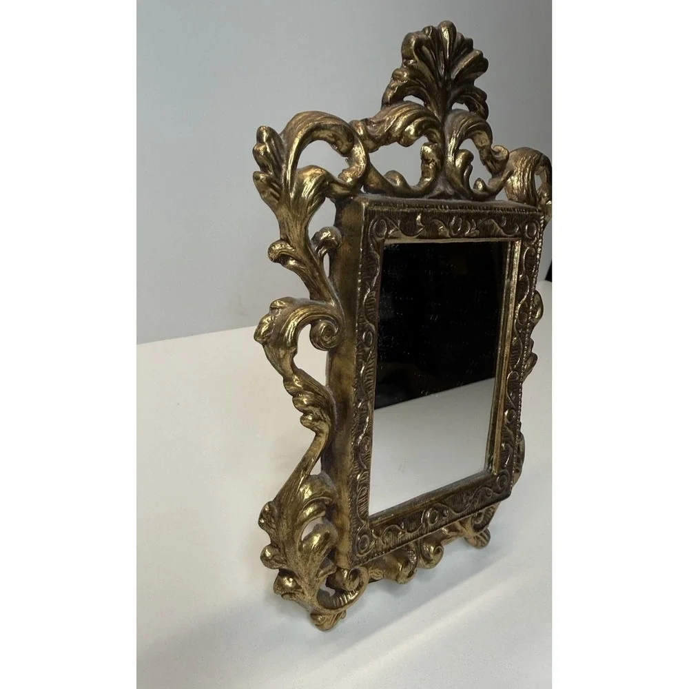 Vtg Gold‎ Vanity Mirror Ornate Rococo Hollywood Regency Tabletop Easel Baroque